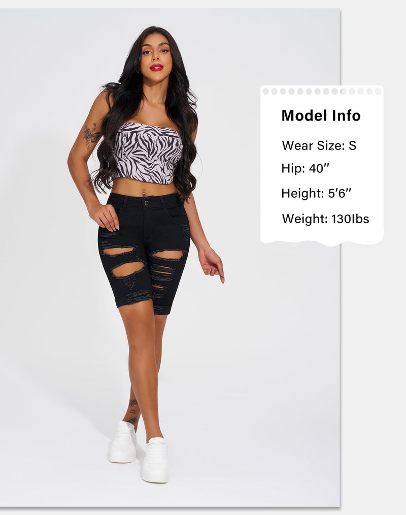 roswear Women's Ripped Denim Mid Rise Stretchy Bermuda Shorts Jeans Black 2XL - Image 4